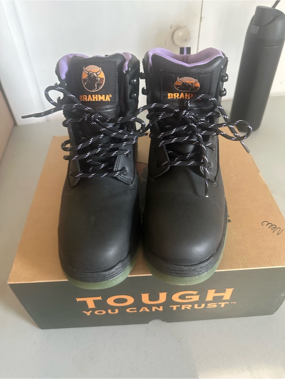 Brahma Black Work Boots with Purple Lining and Green Outsole